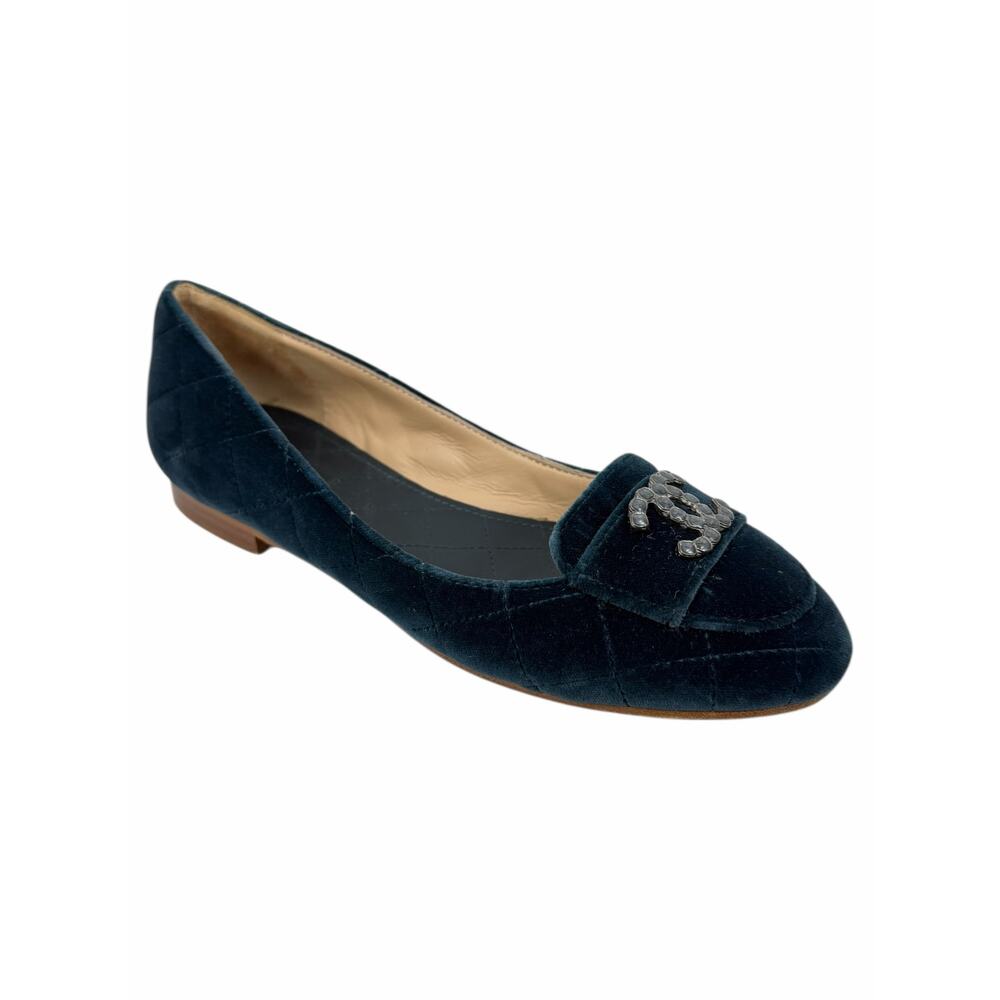 Chanel CC Logo Jeweled Velvet Quilted Slip On Flats Blue Size 39 - Picture 2 of 13